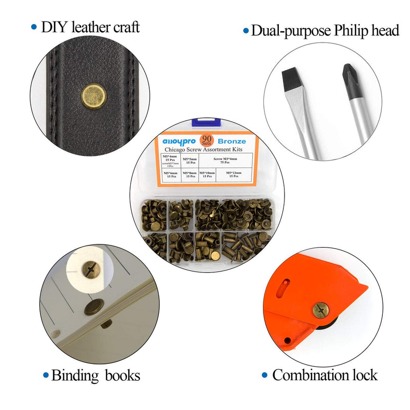 90 Sets Chicago Screws Assorted Kit 6 Sizes Bronze Leather Rivets 3/16(5mm) Screw Rivets Phillip Head Book Binding Posts Nail Rivet Chicago Bolts for DIY Leather Craft Bookbinding (5 x 4,5,6,8,10,12) Bronze 5x4,5,6,8,10,12 - NewNest Australia