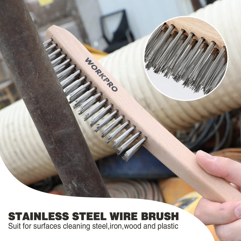 WORKPRO Wire Brush Set, 4Pcs Brass/Stainless/Carbon Steel Bristles Wire Scratch Brushes with Long Curved Beechwood Handle for Rust, Dirt & Paint Scrubbing with Deep Cleaning - NewNest Australia