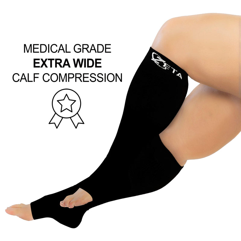 Zeta Wear Unisex Compression Stockings Thick Calf 4Xl, Soothing Comfortable Gradient Support, Prevents Swelling, Pain, Edema, Dvt, Large Cuffs, Open Toe, Black - NewNest Australia