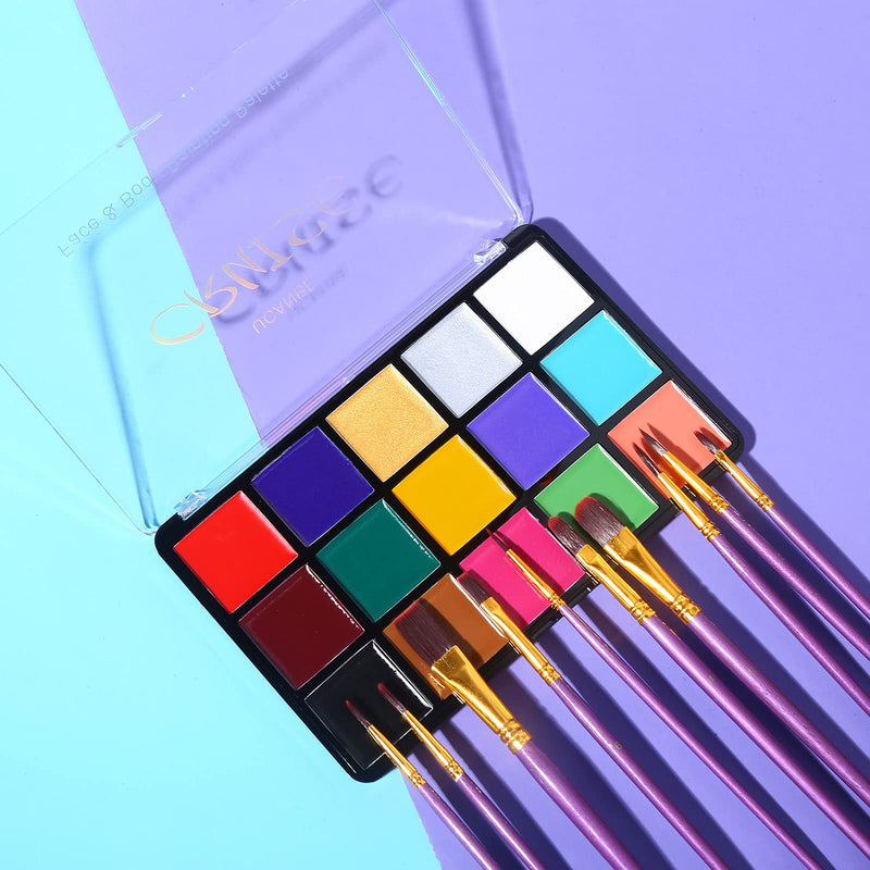 UCANBE CRUISE Face Body Paint Set, 15 Colors Painting Palette Makeup Kit with 10 Pcs Professional Artist Brushes for Halloween Cosplay Party - NewNest Australia