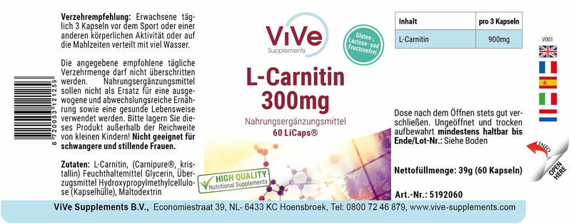 L-Carnitine 300 mg - 60 capsules - crystalline Carnipure carnitine in airtight LiCaps - high dosage and vegan | Quality from Germany from ViVe Supplements - NewNest Australia