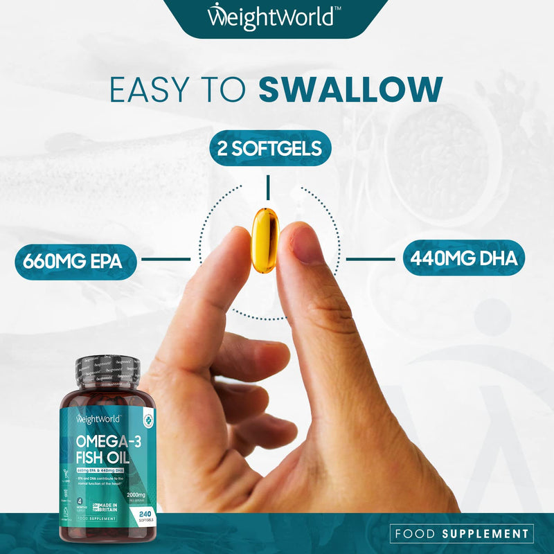Omega 3 Fish Oil 2000mg - High Strength 660mg EPA & 440mg DHA Per Serving - 4 Month Supply (240 Omega 3 Capsules Softgel) - Pure Fish Oil Supplement - Easy to Swallow Fish Oil Omega 3 Softgel -UK Made - NewNest Australia