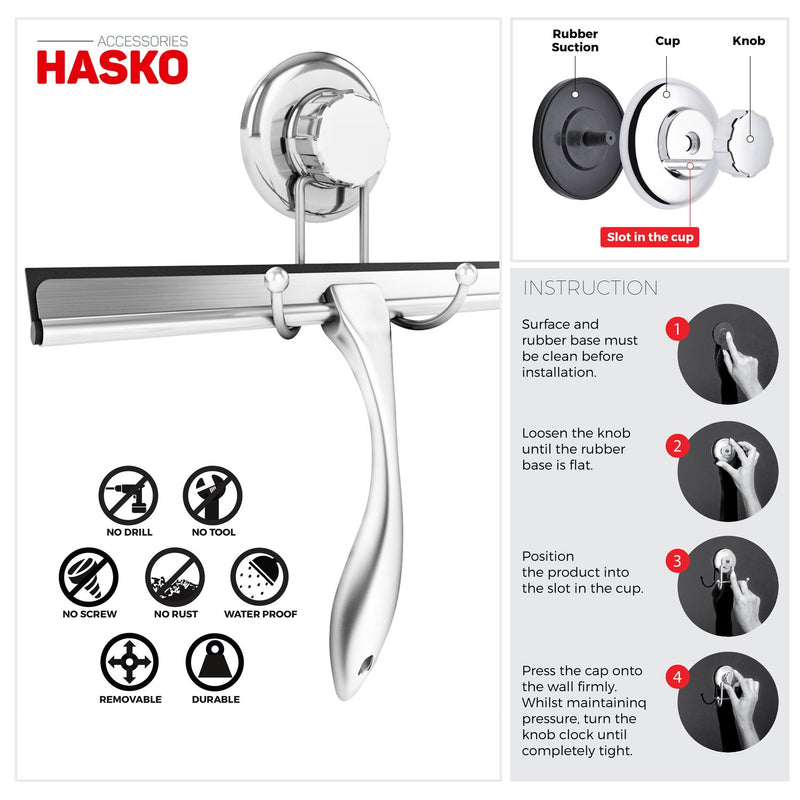 Bathroom Shower Squeegee Chrome Plated Stainless Steel with Matching Suction Cup Hook Holder, 3M Adhesive Mounting Disc, 3M Hook,1 Replacement Rubber Blade HASKO Accessories, 9.8-Inch - NewNest Australia