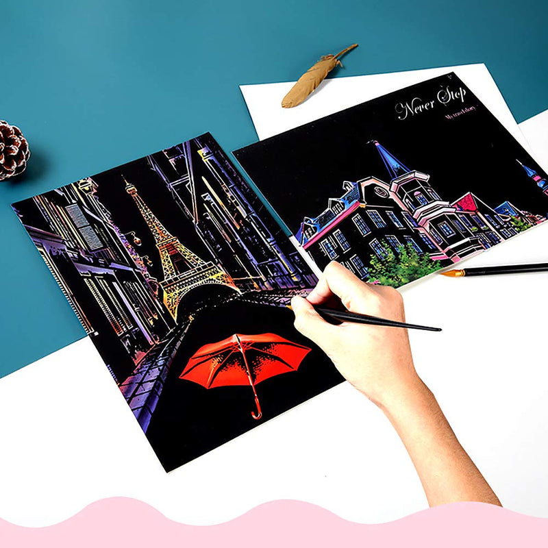 Scratch&Sketch Art Paper(A4) for Kids&Adults, Rainbow Painting Night View Scratchboard, Art&Craft, Engraving Art Set: 4 Scratch Cards & Scratch Drawing Pen, Clean Brush (Street Corner) Street Corner - NewNest Australia