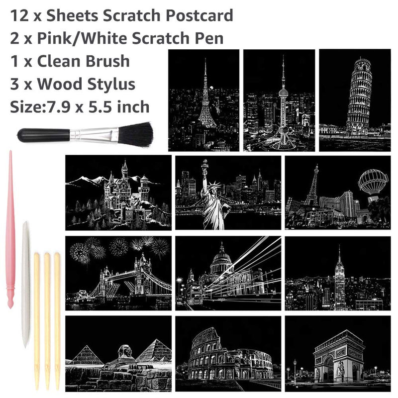 Magic Scratch Art Paper(7.9"x5.5") Rainbow Landscape Engraving Art Mini Scratchboard DIY Pads for Adults and Kids, Crafts Set: 12 Sheets Scratch Postcard Cards & Drawing Pens, Brush (Building Series) Building Series - NewNest Australia