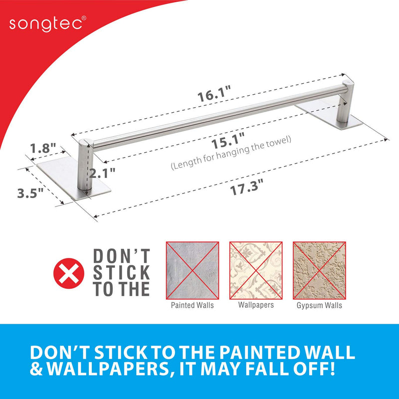 Songtec Bathroom Towel Bar 16-inch, No Drill Stick On Towel Rack, Easy Install with Self-Adhesive, Premium SUS304 Stainless Steel - Brushed Nickle 16 Inch - NewNest Australia