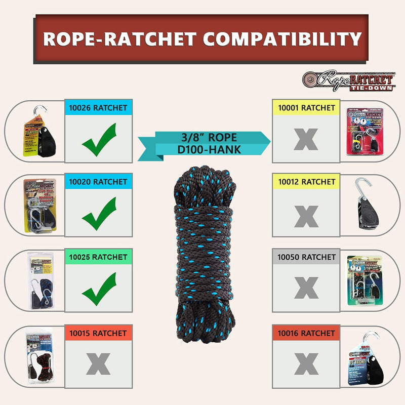 Rope Ratchet 3/8", 50 ft Solid Braided Polypropylene Rope, Heavy Duty, All Purpose, Utility Cord Tie Down Rope for Camping, Tie, Pull, and Knot, Indoor and Outdoor Use - Black with Blue Tracers Black-blue - NewNest Australia