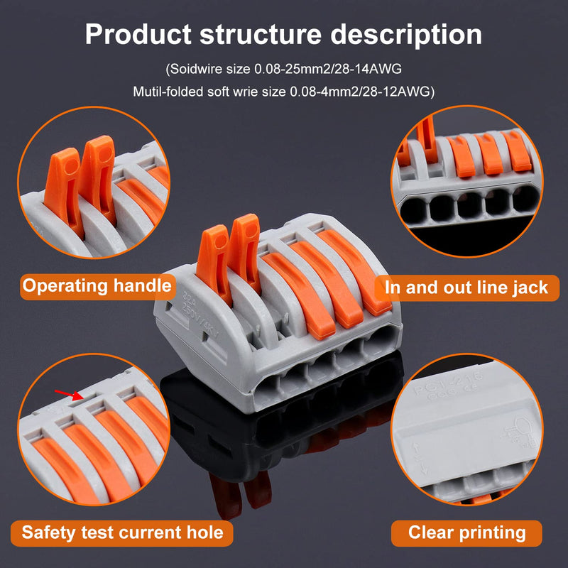 Zhushan 100 PCS Compact Wire Conductor Connector Set,2/3/4/5 Port Push-in Lever Wire Nut Connector Kit, Quick Connection Terminal 28-12 AWG 100pcs - NewNest Australia