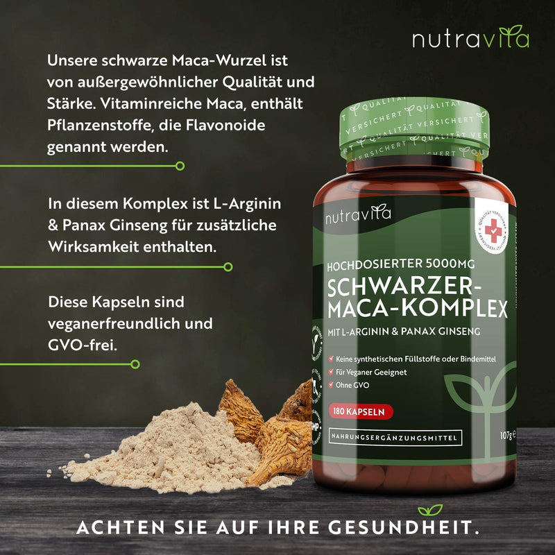 Black Maca Complex - High Dose with 5,000 mg - 180 Vegan Capsules - With Natural Vitamin C (Acerola) - Laboratory Tested in Germany - No Additives and GMO Free - 6 Month Supply - NewNest Australia