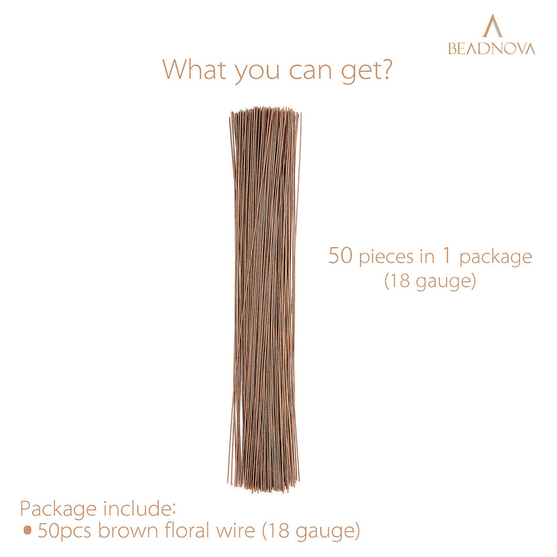 BEADNOVA Fake Flower Stems 50pcs 18 Gauge Floral Wire Stems Flower Wire for Crafts Flower Arrangement Florist DIY Bouquet (Brown, 50 Pcs) Brown - NewNest Australia