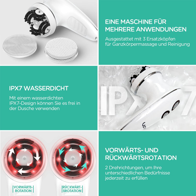 Voyor Massager Anti Cellulite Massage Device For Face Neck Shoulder Back Feet Foot Bath With 3 Multi Function Heads Facial Cleansing Brush Ipx7 Waterproof & Rechargeable - NewNest Australia