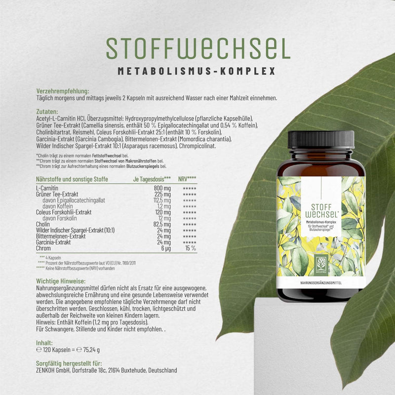 Metabolism Capsules Diet Support - High Dose With Green Tea, Forskohlii, Choline, Asparagus, Bitter Melon, Garcinia Cambogia, & Chromium - 120 Metabolism Capsules Vegan Naturtreu - NewNest Australia