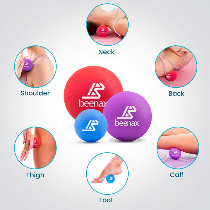 Beenax Lacrosse Massage Ball (Set of 3) - Perfect for Trigger Point Therapy, Myofascial Release, Plantar Fasciitis, Deep Tissue and Muscle Relief - Designed to Relieve Stress and Relax Tight Muscles - NewNest Australia