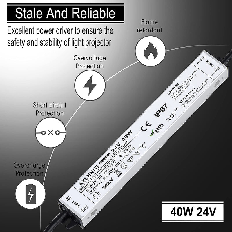 LED Driver 40W 24V, Waterproof IP67 24V Power Supply, LED Transformer 90V-265V AC to 24V DC, LED Power Supply with 3-Prong Plug 3.3 Feet Cable for LED Strip Lights, Constant Voltage LED Products Pack of 1 - NewNest Australia