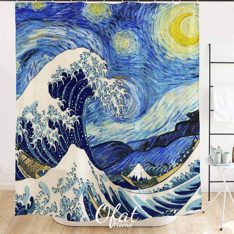 Ofat Home Starry Night Shower Curtain for Bathroom with Hooks, Van Gogh Stars Art Decorative Long Cloth Fabric Shower Curtain Bath Decorations - 72Wx72L, Blue 90gsm 72x72 in - NewNest Australia