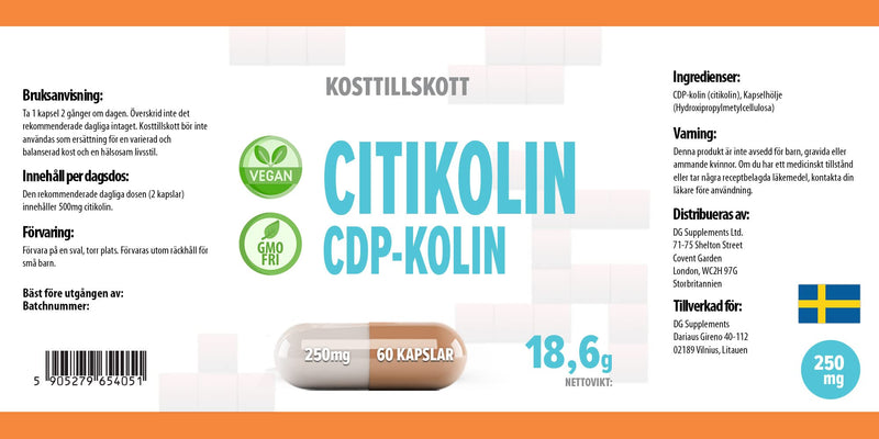 Citicoline CDP Choline 250mg 60 Vegan Capsules, Laboratory Tested, High Strength, No Fillers or Bulkers, No GMOs - NewNest Australia