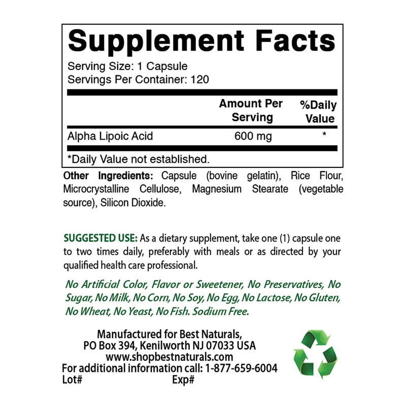 Best Naturals Alpha Liopic Acid 600 mg 120 Count - ALA Alpha Lipoic Acid Powerful Antioxidant 120 Count (Pack of 1) - NewNest Australia