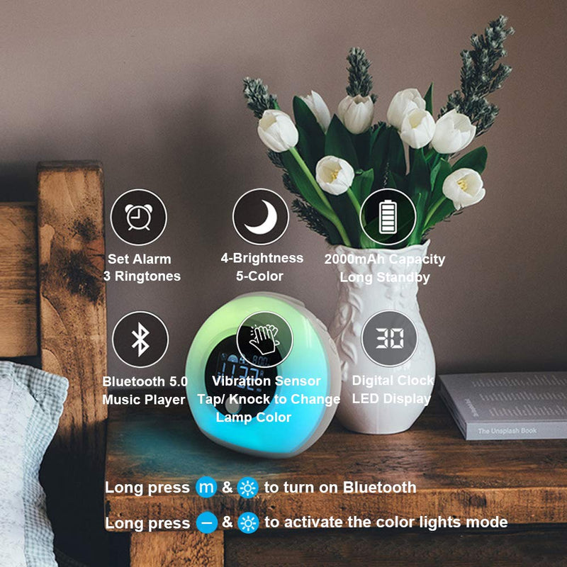 NewNest Australia - Uplayteck Light Alarm Clock for Kids - Wake Up Alarm Clock Bluetooth Speaker Night Light for Girl - Tap to Change Color Lights - Digital LED Clock 