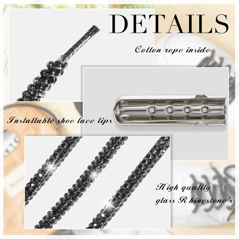 5.47 Yards Rhinestone Shoe Laces Bling Shoe Laces Rhinestone Diamond Hoodie String Glitter Cords for Sneakers with 20 Aglets Black - NewNest Australia