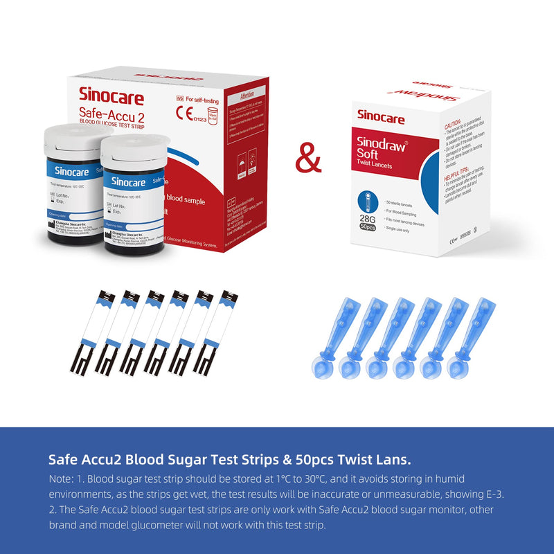 Sinocare Blood Sugar Test Strips, 100pcs Blood Glucose Test Sttips & 100pcs Twist Lans., Blood Test Strip for Safe Accu2 Blood Glucose Monitor (Safe Accu2 Strips- 100) 100pcs Accu2 test strips & 100pcs lans. - NewNest Australia