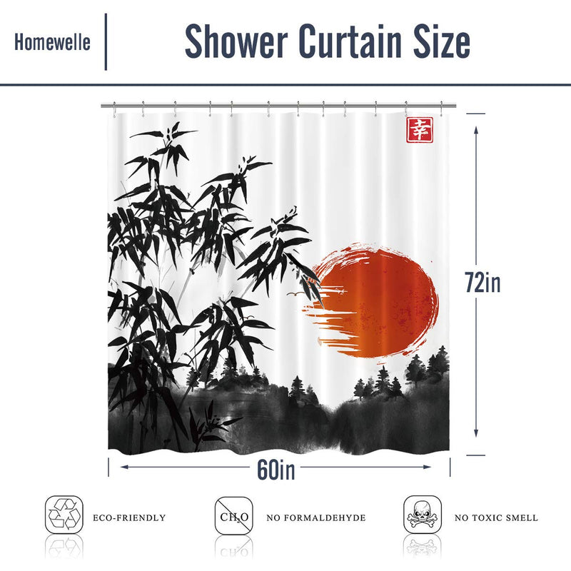 Homewelle Japanese Bamboo Shower Curtain Asian Ink Painting Black Tree Stems 60Wx72H Red Sun Mountains Waterproof 12 Pack Hooks Polyester Fabric Bathroom Bathtub - NewNest Australia