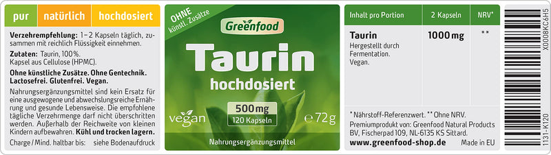 Taurine, 500 mg, high dose, 120 capsules, vegan - known from energy drinks. WITHOUT artificial additives. Without genetic technology. Vegan. 120 pieces (pack of 1) - NewNest Australia