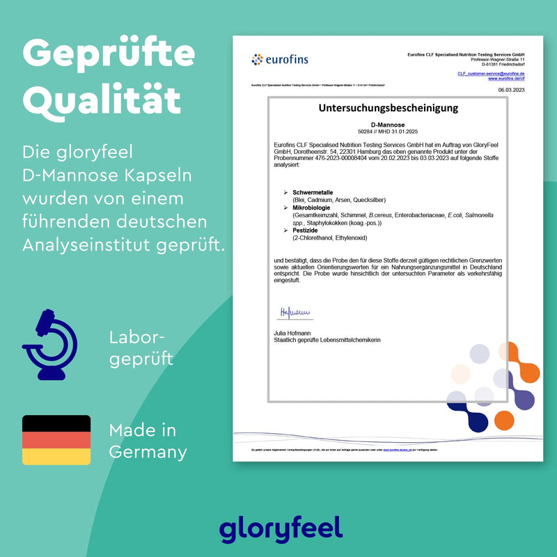 gloryfeel D-Mannose high dose - 2000 mg pure D Mannose per daily serving - 180 capsules from plant origin - 100% vegan, laboratory tested and made in Germany without additives - NewNest Australia
