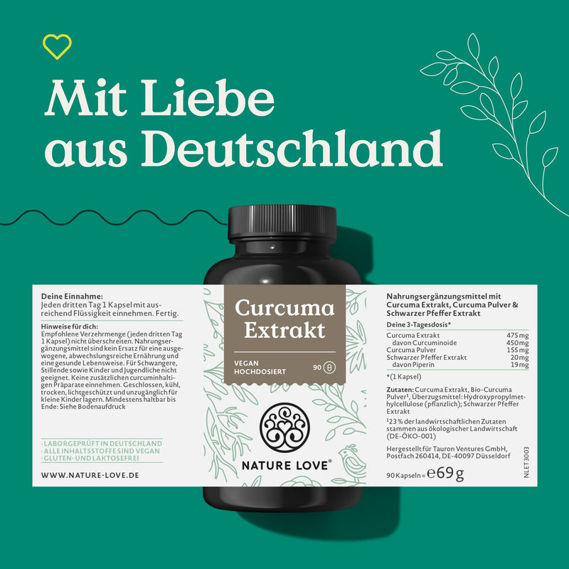 Nature Love Curmeric Extract Compact - Curcumin Content Of One Capsule Corresponds To That Of Approximately 13,000 Mg Turmeric - Extra High Dose Capsules - Laboratory-Tested, Vegan, Made In Germany - NewNest Australia