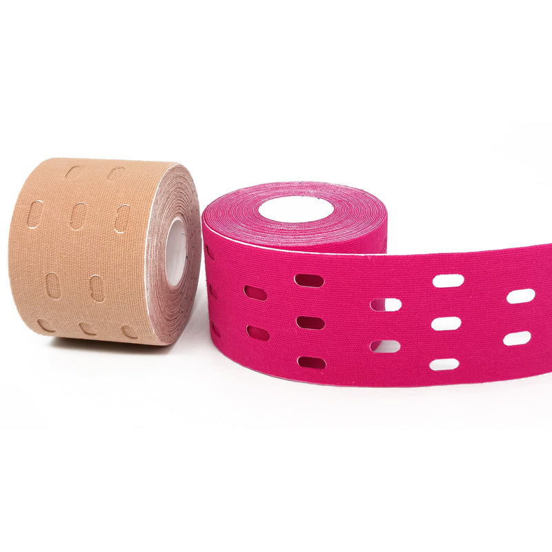 2 Rolls Kinesiotapes - Perforated Design Kinesiology Tape - Stronger Breathability Sports Tape Professional Physio Tape Waterproof Elastic Self-Adhesive Bandage 5 Cm X 5 M Red + Skin Colour - NewNest Australia