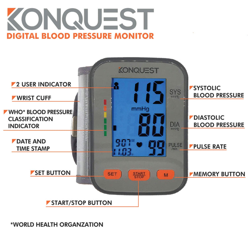 Konquest KBP-2910W Automatic Wrist Blood Pressure Monitor - Accurate - Adjustable Cuff, Large Screen Display, Portable Case - Irregular Heartbeat & Hypertension Detector - NewNest Australia