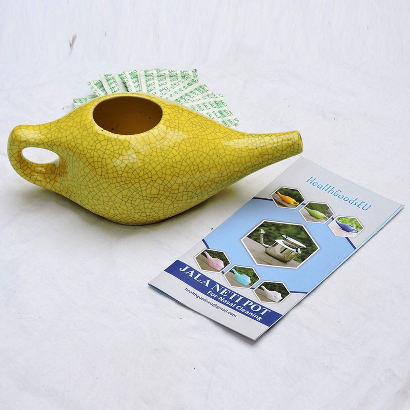 Ceramic Neti Pot for Nasal Cleansing Crackle Pattern | Neti Pot with 10 Sachets of Neti Salt + Instructions Leaflet | Natural Treatment for Sinus, Infection and Congestion (Yellow) - NewNest Australia