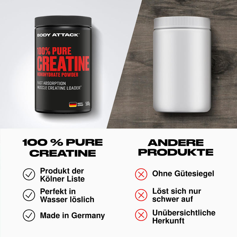 Body Attack Creatine Monohydrate - 500 g powder - Made in Germany - high-quality microfine creatine monohydrate - pure creatine powder for self-dosing - product from the Cologne list - NewNest Australia