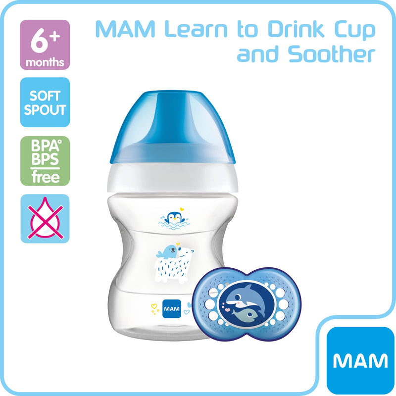 MAM Learn to Drink Cup, Bottle Handles and Soother, 6+ Months Baby Cup with Removable Handles, Baby Feeding Accessories, 190 ml, Blue (Designs May Vary) - NewNest Australia