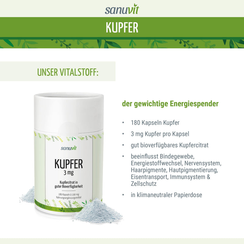 Sanuvit® - Copper 3 mg | 180 capsules | Quality from Austria | High-dose copper citrate with 3 mg of high-quality copper per capsule | High bioavailability | Vegan - NewNest Australia