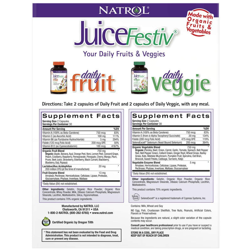 Natrol Juicefestiv Daily Fruits and Veggies Capsules with SelenoExcell for Improved Metabolism, Boosts Energy and Well-Being, 120 Count - NewNest Australia