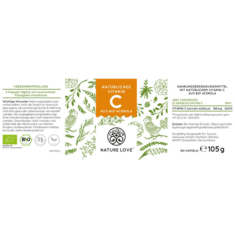 Natural Vitamin C In Organic Quality 180 Capsules, 3 Months' Supply Made From Organic Acerola Extract, Rich In Bioflavonoids And Highly Bioavailable. Laboratory Tested, Vegan And Made In Germany. - NewNest Australia