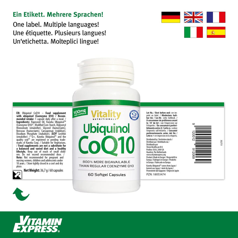 Q10 capsules high dose Ubiquinol CoQ10 100mg. Highest bioavailability Coenzyme Q10, 60 capsules. Energy, antioxidants, anti-aging. Vitality Nutritionals by Vitaminexpress - NewNest Australia