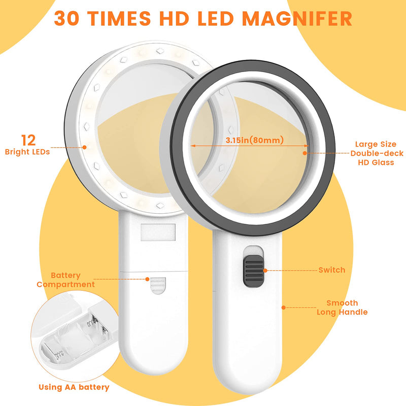 Magnifying Glass with Light, 30X Handheld Large Magnifying Glass 12 LED Illuminated Lighted Magnifier for Macular Degeneration, Seniors Reading, Soldering, Inspection, Coins, Jewelry, Exploring(White) - NewNest Australia
