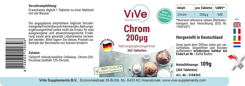 Chromium Picolinate - 200mcg Chromium - 365 tablets - High dosage - Vegan | Quality from Germany from ViVe Supplements - NewNest Australia