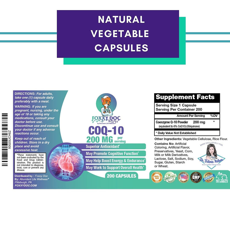 CoQ10 - Co-Enzyme Q10 - 200 mg - 200 Caps - Vegetable Capsules - Non-GMO - Brain & Heart & Muscle & Cell Supplement 6.5 Month Supply by Foxxy Doc - NewNest Australia