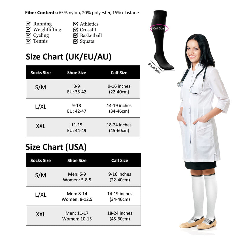 Compression Socks for Women Men (20-30 mmHg Class 2) Flight Air Travel, Calf Shin Support Stockings, DVT Sport, Running, Flying, Nurses, Pregnancy, Circulation, Skiing - Blue S/M Black W/Blue S-M - NewNest Australia