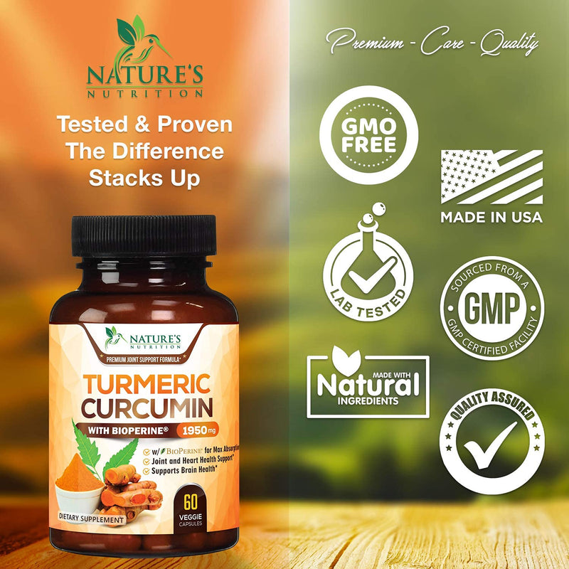 Turmeric Curcumin Highest Potency 95% Curcuminoids 1950mg with BioPerine Black Pepper for Ultra High Absorption, Made in USA, Best Vegan Joint Support by Natures Nutrition - 60 Capsules 60 Count (Pack of 1) - NewNest Australia