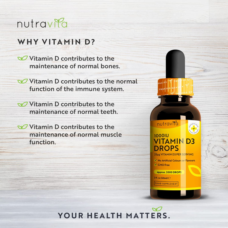 Vitamin D3 Drops 60ml (2000 Drops) – Vitamin D 1000IU per Drop – Flexible Dose of Liquid Vitamin D Supplement – Supports Normal Bones, Immune System & Calcium Absorption - Made in The UK by Nutravita - NewNest Australia