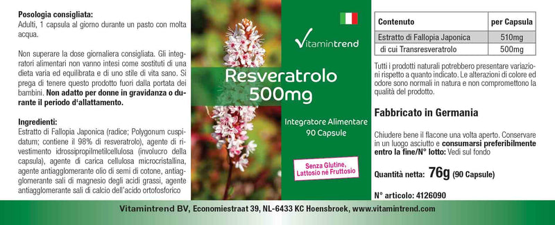 Resveratrol 500mg - 90 capsules made from knotweed extract, high dosage, vegan | Vitamin trend - NewNest Australia