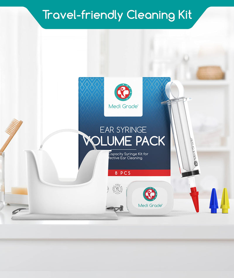 Ear Wax Removal Kit (8pcs) – Safe at-Home Ear Cleaning by Medi Grade – Ear Wax Removal Set – Comes with 100ml Ear Syringe, Quad-Stream Tips, Ear Basin, Compressed Towel and Storage Bag – Ear Cleaner - NewNest Australia