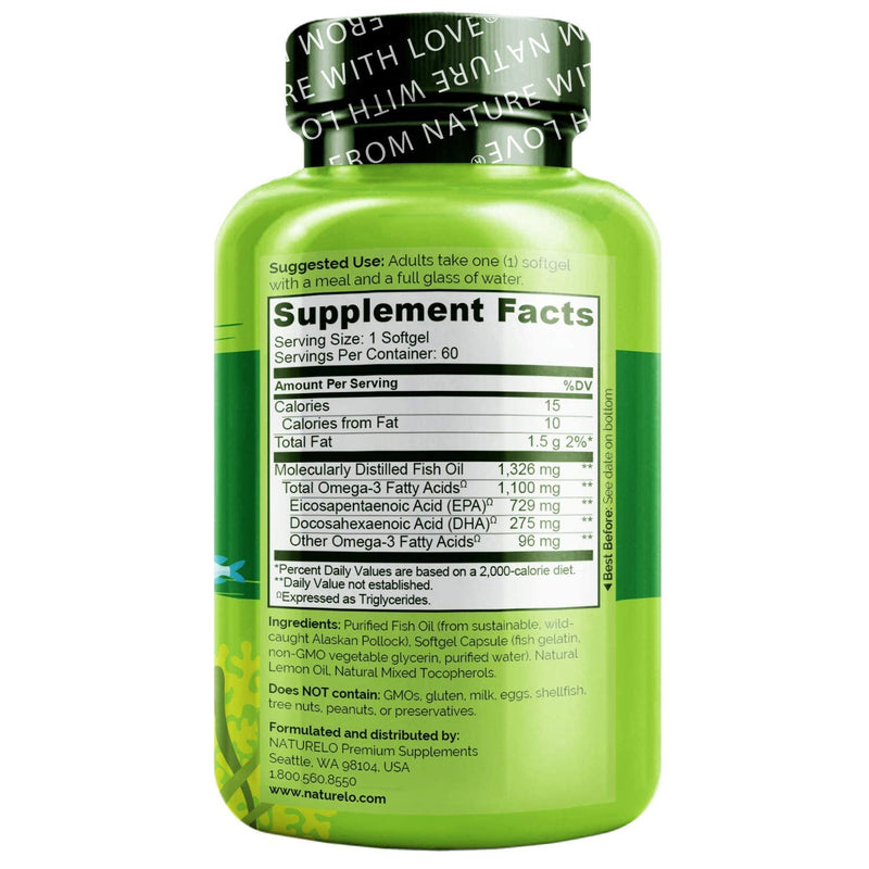 NATURELO Omega-3 Fish Oil Supplement - EPA + DHA - 1100 mg Triglyceride Omega-3 per Gel - One A Day - for Heart, Eye, Brain, Joint Health - No Burps - Lemon Flavor - 60 Softgels | 2 Month Supply 60 Count (Pack of 1) - NewNest Australia