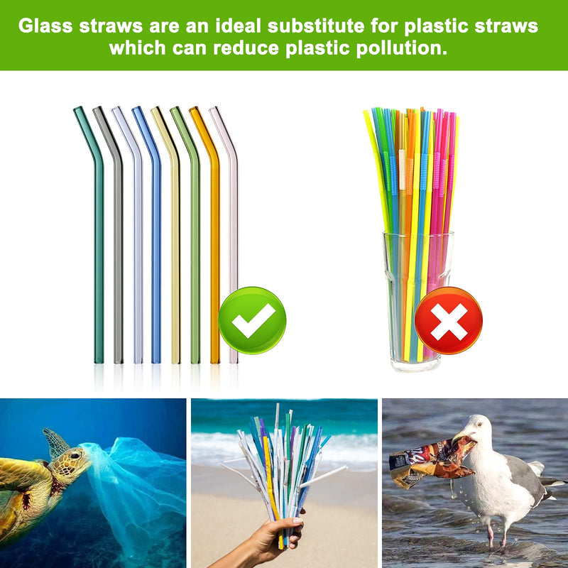 Glass Straws Reusable, 8 Pcs Multicolour Drinking Straw, Bent Glass Drinking Straws with 2 Cleaning Brushes, Eco Friendly Glass Straws for Smoothies Milkshake and Cocktail (19.5cm) - NewNest Australia