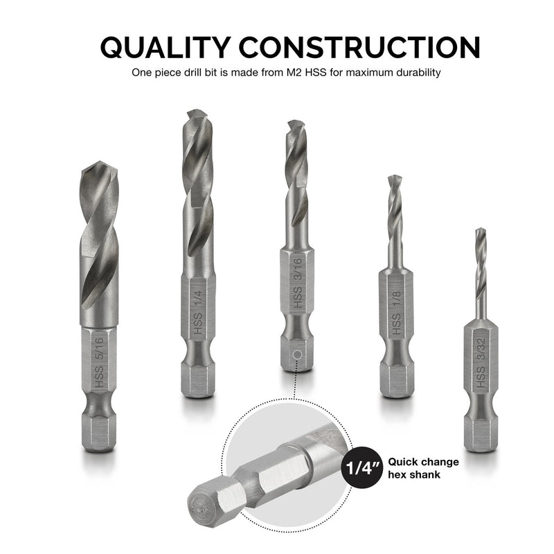 NEIKO 11402A Stubby Drill Bit Set for Metal, 5 Piece | 1/4 Inch Quick Change Hex Shank | M2 HSS Steel M2 HSS Metal - NewNest Australia