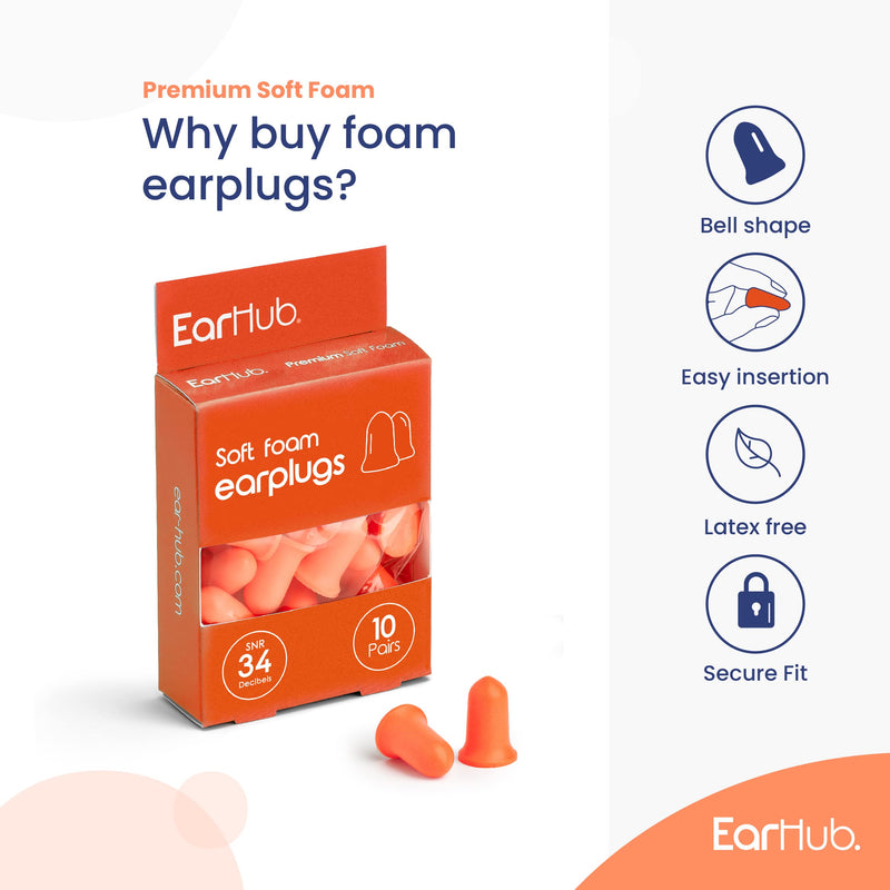 EarHub - Premium Soft Foam Earplugs Orange SNR 34dB - 10 Pairs of Noise Cancelling Foam Great for Sleep, Flying and Concerts. Reusable Protection for Your Ears - for A Calmer, Quiet Experience. - NewNest Australia