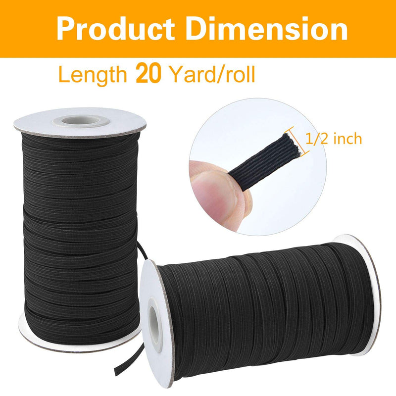 Coopay 40 Yards Length 1/2" Width Elastic Cord Elastic Bands Elastic Rope Heavy Stretch Elastic Spool Knit for Sewing, 2 Rolls, 20 Yards/Roll (Black, 1/2 Inch) Black - NewNest Australia